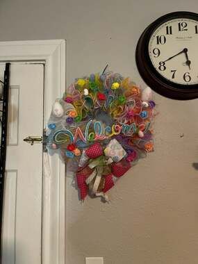 Pastel Deco Mesh Easter Welcome Wreath with Eggs and Floral Accents